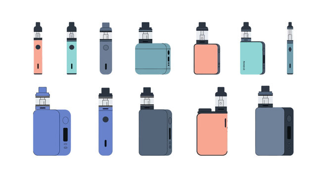 Collection of various vape devices and mods in different colors.
