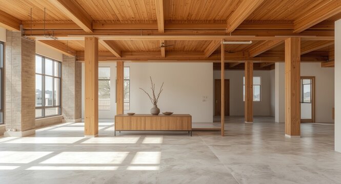 Modern architectural style loft highlighting minimalist wooden beam ceiling design