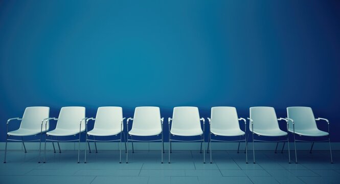 Minimalist waiting room featuring front view of lined white chairs before a rich blue wall