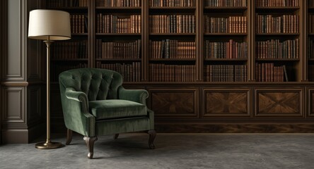 Private library concept with green chair, lamp, and bookshelf on concrete floor