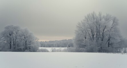 A still winter landscape with snow wrapped trees and a somber horizon