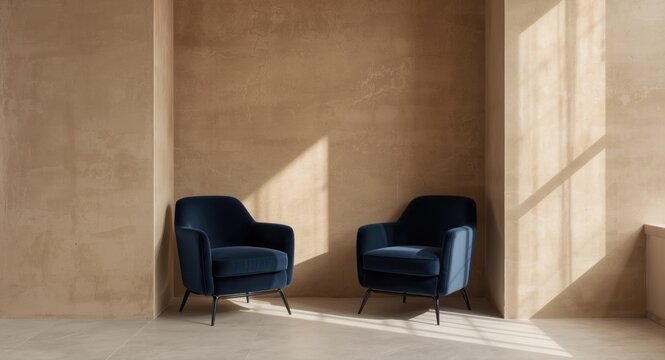 Beige taupe minimalist room with navy armchairs and plaster texture microcement wall in modern lounge