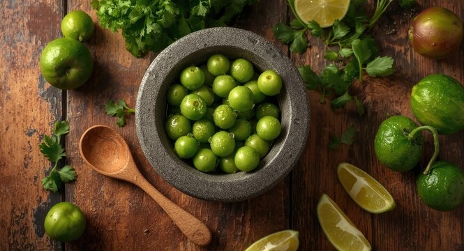 Preparation of classic green sauce with green tomatoes and tomatillos using a molcajete