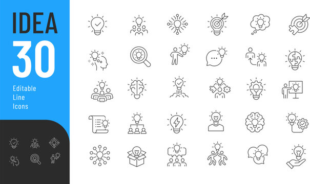 Idea Line Editable Icons set. Vector illustration in modern thin style of creativity related icons: innovation, brainstorming, business strategy, and more. Isolated on transparent background.