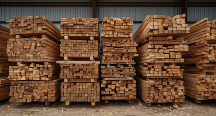 Organized lumber stacks in sawmill environment for building material storage