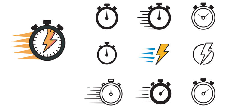 Stopwatch icon set, lightning symbol, fast delivery, rapid performance, quick time tracking, vector illustration, timer and efficiency concept design