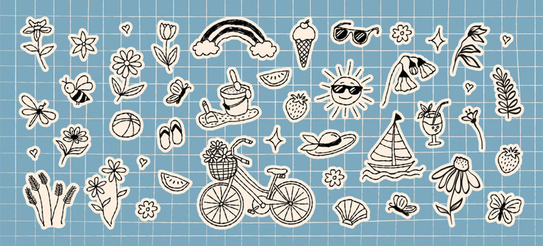Funky summer scrapbook sticker set. Crayon grunge scribble doodle elements. Trendy hand drawn vector illustration.  
