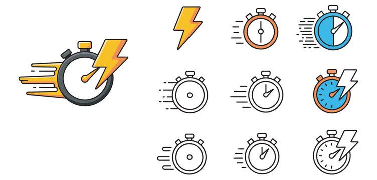 Stopwatch icon set, lightning bolt symbol, fast delivery, high-speed performance, quick time tracking, vector illustration, timer and productivity design