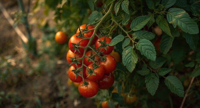 Tomato plant bearing ripe tomatoes clustered on the garden vine