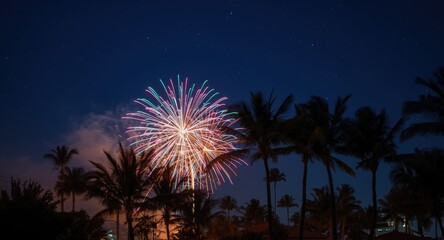 Fototapeta premium Luminous fireworks sparkling in the night sky with dark palm tree shapes and stars for a festive effect