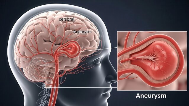 Medical illustration of cerebral aneurysm in brain anatomy