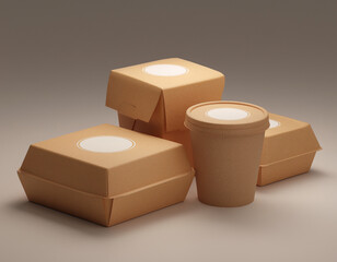 Minimalist brown cardboard containers with logo placeholder. Trendy food brand style. 3D rendering.