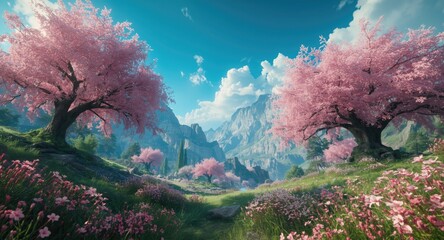 Lush fantasy valley with radiant pink trees and blooming flowers under a vivid turquoise sky