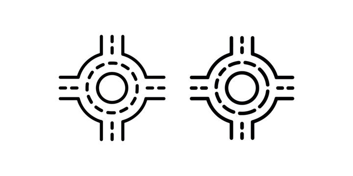 Roundabout icon set, road intersection traffic circle symbol, highway interchange with dashed line art design