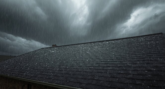 Residential roof under a powerful rain and hailstorm event