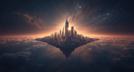 Naklejka premium Illustrative artworks of a unique cityscape floating in space