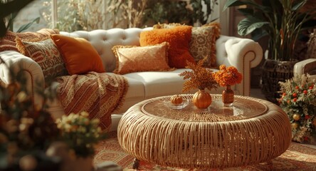 Boho style vintage living room closeup with white sofa and autumn themed beige rattan coffee table