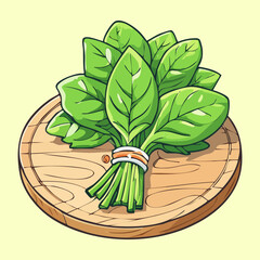 Bundle of fresh green spinach leaves on wooden board for healthy salad and organic cooking ingredient - Vector Illustration