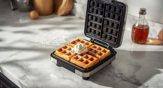 Perfectly cooked homemade waffles from an electric waffle maker on a white kitchen countertop