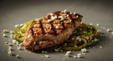 Grilled chicken breast combined with zucchini noodles and a goat cheese sprinkle