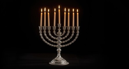 Fototapeta premium Silver menorah lit with olive oil Hanukkah candles positioned against a nighttime dark backdrop