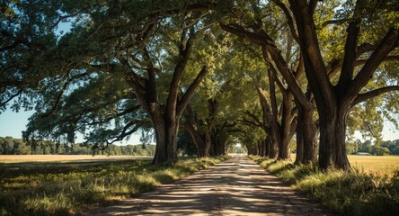 Obraz premium Country scene featuring a dirt road shaded by large trees on sunny day