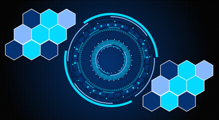 Futuristic Digital Interface with Hexagonal Patterns and Circular Elements on a Dark Background