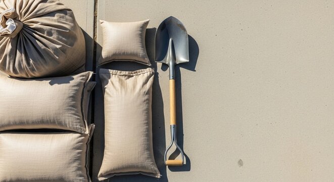 shovel and sandbags arranged on concrete during sunny day for flood preparation