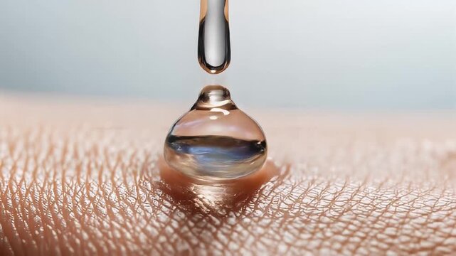 A drop of serum falls onto human skin texture, close-up view of liquid absorption