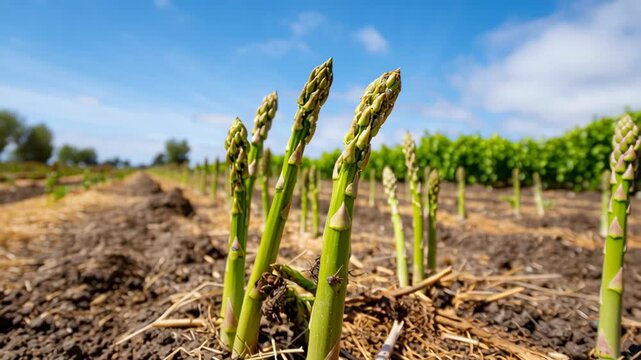 Fresh asparagus growing in garden bed, closeup view. New harvest, bunch of green asparagus sprouts rows growth on bio farm field in fertile soil. Sunny day, blue sky. Organic healthy food concept.