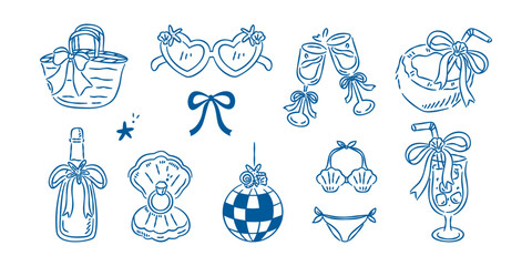 Summer beach party elements. Coastal bachelorette nautical drinks, heart sunglasses, and tropical vacation doodles.