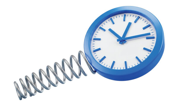Blue analog clock with a white face and blue hands is attached to a coiled metal spring, depicting a whimsical and playful design.