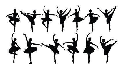 Elegant silhouettes of ballerinas in various ballet poses isolated on white background, Vector © SILHUETTECHEMBER