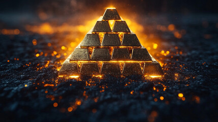 Gold bars stacked in a pyramid represent system, wealth and investment.