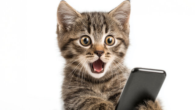 Smartphone shocked meme cat with copy space on white background  cat-meme_1096