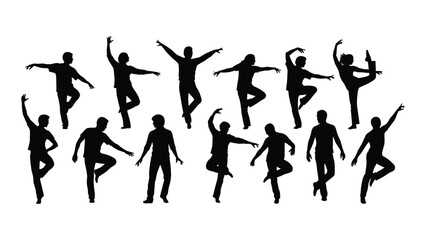 Silhouettes of dancers in various dynamic poses against a white background isolated on white background, Vector
