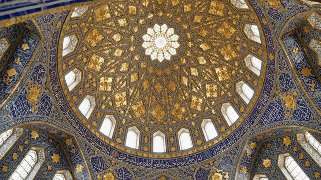Intricate Islamic Geometric Dome Interior with Ornate Golden and Blue Patterns, a Masterpiece of Architectural Design