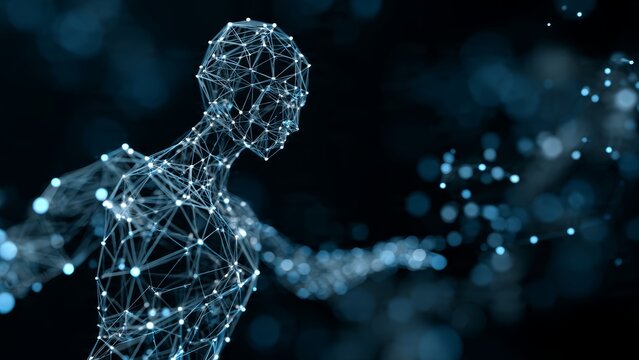Abstract digital representation of a human body formed by glowing blue particles and lines, symbolizing artificial intelligence, data, and future technology.