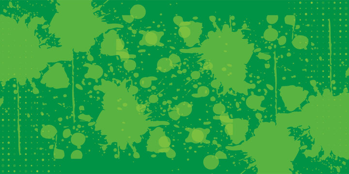 Abstract green background with bright lime paint splashes and splatters, layered ink stains, grunge texture.