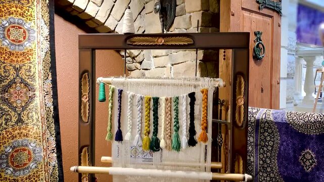 Carpet weaving machine handcrafted vintage old technology .thread materials Persian Arabic carpets wool silk