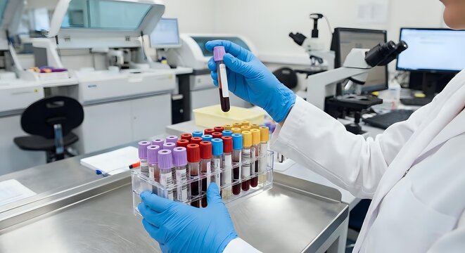 Laboratory technician in blue gloves holding test tubes with colorful samples in modern medical research facility for blood analysis and diagnostic testing.