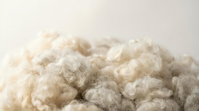Raw organic cotton fiber balls in natural cream white color isolated on white background for textile manufacturing and eco-friendly material production.