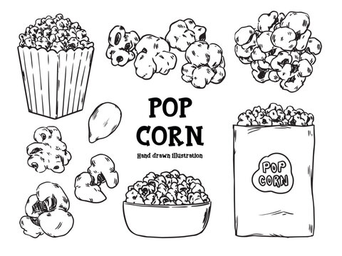 Set of hand drawn popcorn snack outline drawing vector illustration