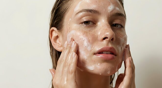 Young woman applying white facial cleanser foam with hands during skincare routine for healthy glowing skin and beauty care regimen.
