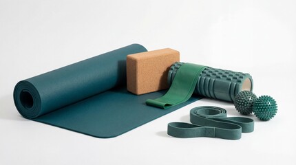 Yoga mat with rehabilitation stretching accessories on white background