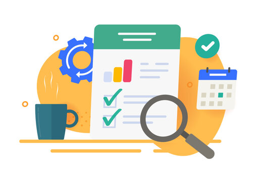 Financial business report audit research icon vector, sales statistics data document analysis modern graphic design, corporate tax investigation review assessment, drawn inspection strategy results
