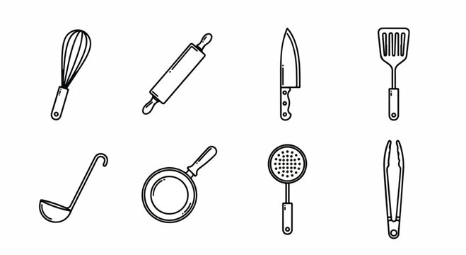 A collection of various kitchen utensils and tools used for cooking and baking Vector