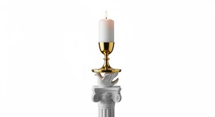 Elegant White Candle with Gold Holder Resting on Classic Ionic Column