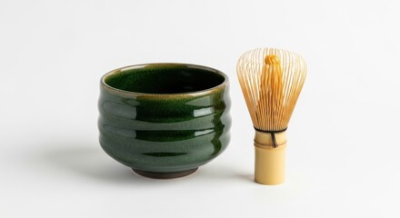 Dark Green Ceramic Ramen Bowl with Bamboo Tea Whisk