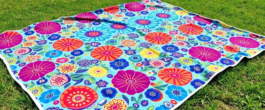 Large, waterproof, vibrant patterned picnic blanket unfolded on grass, yellow, summer